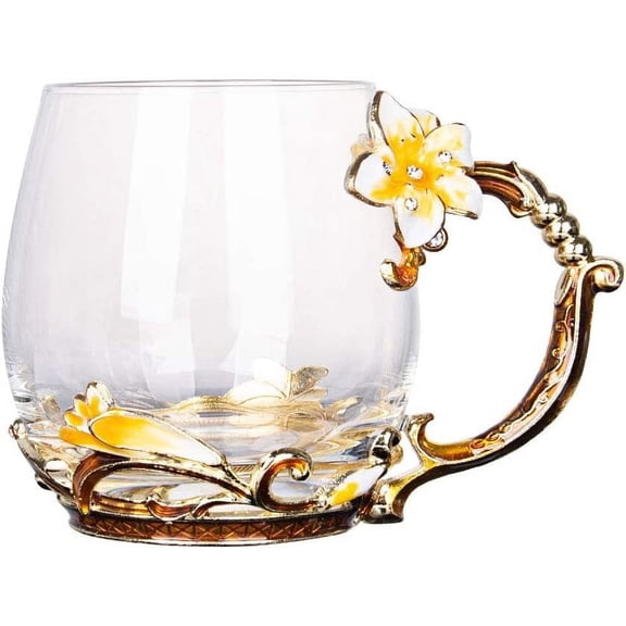 Longwin Enamel Glass Mug Butterfly Flower Lead-Free Drinking Tea Cup Coffee Mugs with Steel Spoon Set for Women Birthday Valentines Wedding Day Gifts Yellow