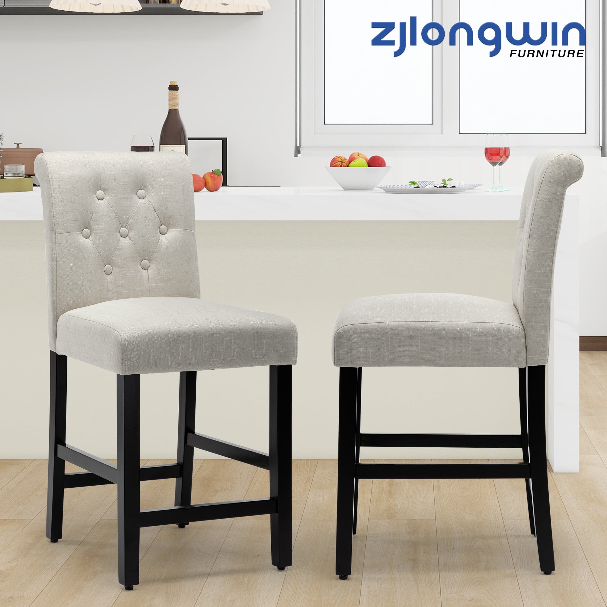Beige Fabric Upholstered Counter Height Barstools with Button-Tufted Back, Set of 2
