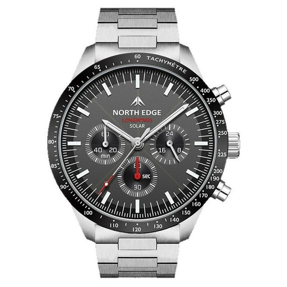 Longwings Solar Watch | 30m Waterproof Stainless Steel | Triple Dial Chronograph Tachymeter Racing Watch,Silver