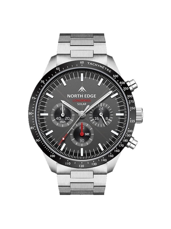 Longwings Solar Watch | 30m Waterproof Stainless Steel | Triple Dial Chronograph Tachymeter Racing Watch,Silver