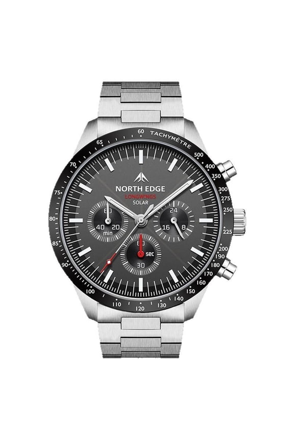 Longwings Solar Watch | 30m Waterproof Stainless Steel | Triple Dial Chronograph Tachymeter Racing Watch,Silver