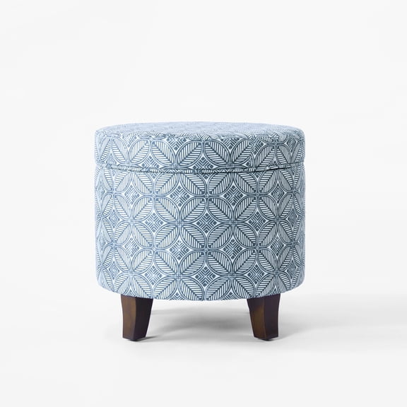 Loni Round Storage Ottoman, 19 Inch Indigo Blue Pattern, Walnut Brown