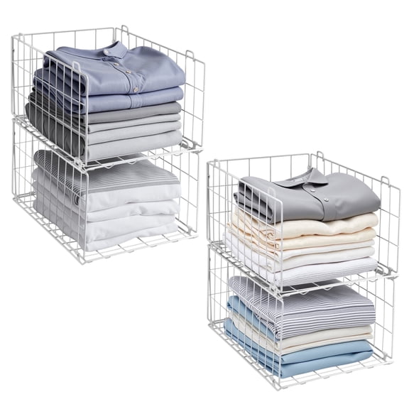 Lonian 4-Tier Stackable Closet Organizer, Foldable Metal Wire Storage Basket, White