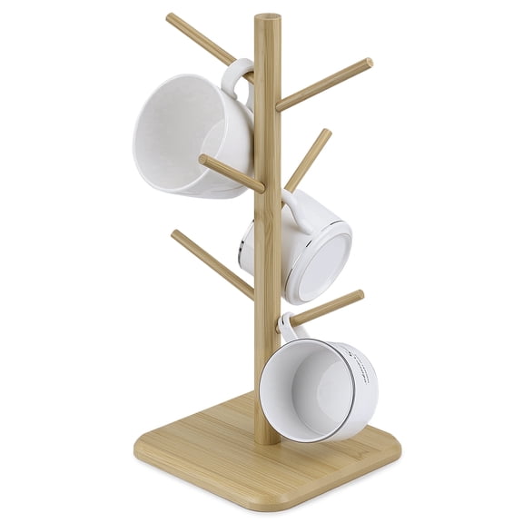 Lonian Bamboo Coffee Mug Tree Holder with 6 Hooks, Cup Storage Organizer for Counter, Rectangular Base