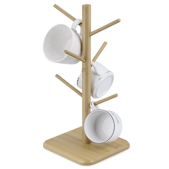 Lonian Coffee Mug Tree, Bamboo Mug Holder with 6 Hooks, Cup Storage Organizer for Countertop, Rectangular Base