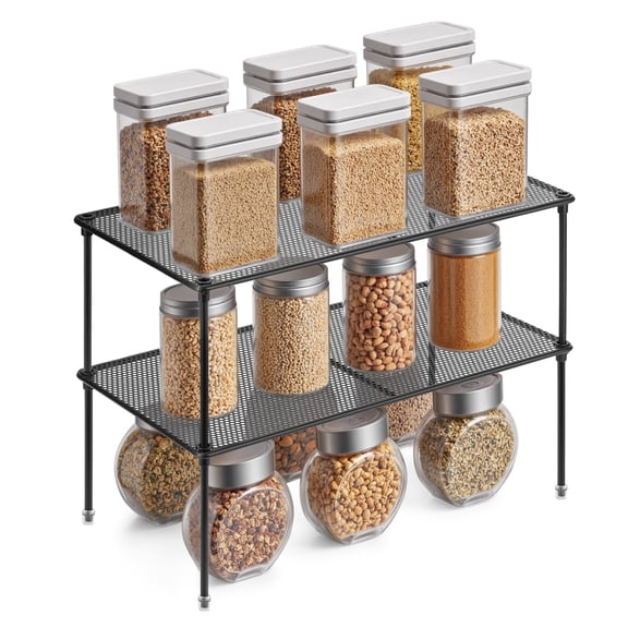 Lonian Cabinet Organizers Shelf, Kitchen Stackable Storage Rack for Spice, Plate, Black, 2 Count