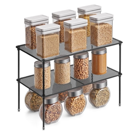 Lonian Cabinet Organizers Shelf, Kitchen Stackable Storage Rack for Spice, Plate, Black, 2 Count