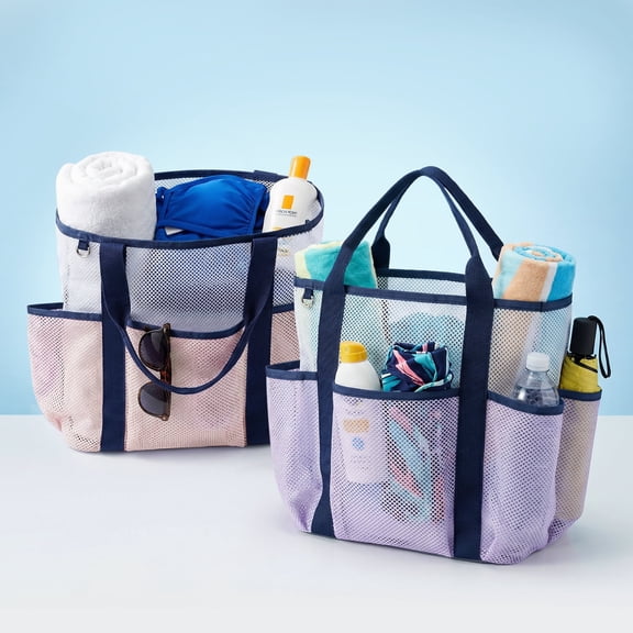 Lonian Mesh Beach Bag Compact, Beach Tote with Side Pocket, Family Pool Bag for Vacation Essentials,Light Purple & Pink, Pack of 2