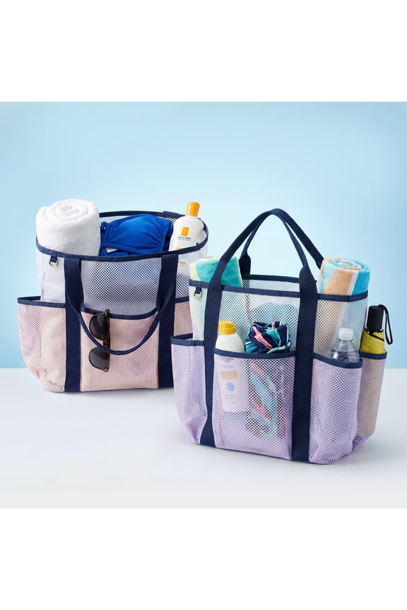 Mesh Beach Bag Compact, Beach Tote with Side Pocket, Family Pool Bag for Vacation Essentials,Light Purple & Pink, Pack of 2
