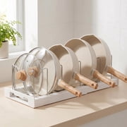 Lonian Expandable Pot and Pan Organizer Rack, Adjustable 12-22  Countertop Storage, White Pan Organizer with 7 Stainless Steel Dividers, 1-Pack