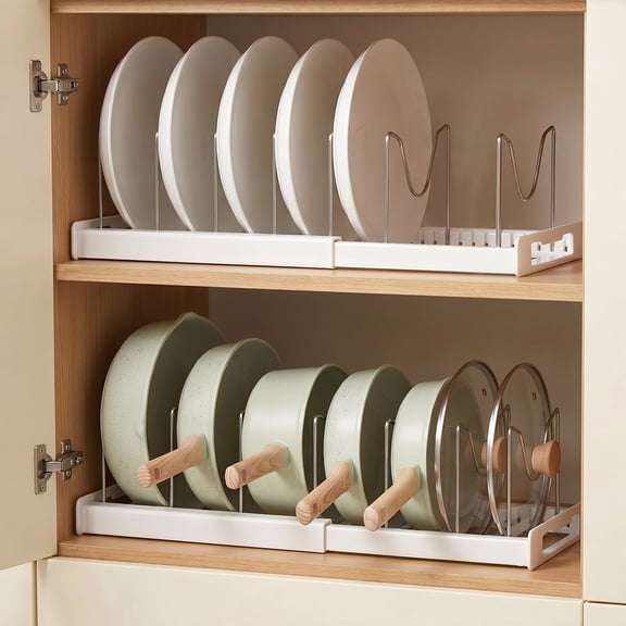 Lonian 2-Pack Expandable Pot and Pan Organizer Rack, Adjustable 12-22” Cabinet & Under Sink Storage, White Pan Organizer with 7 Dividers, Set of 2
