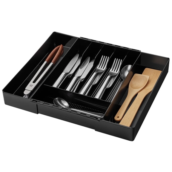 Lonian Silverware Drawer Organizer, Adjustable Drawer Organizer for Kitchen Utensils,  Plastic Cutlery Tray,  Black