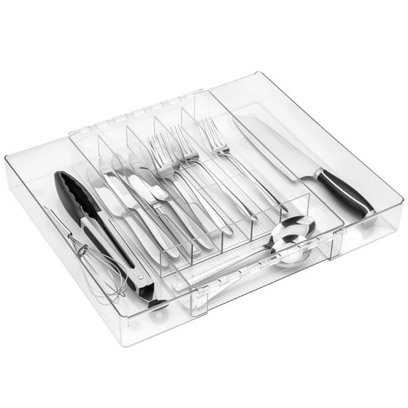 Lonian Silverware Drawer Organizer, Adjustable Drawer Organizer for Kitchen Utensils, Plastic Cutlery Tray, Clear
