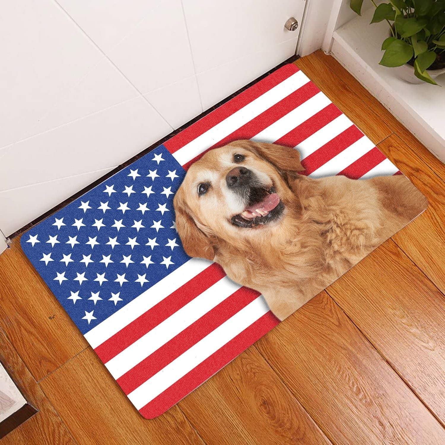 Lonkogqi Door Mats Golden Retriever With American Flag Dog