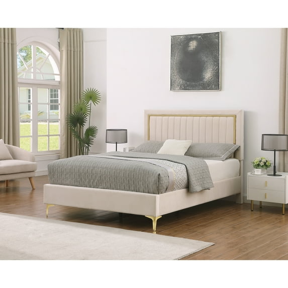Lonlush Upholstered velvet Platform Bed Frame with Headboard and Golden Strip Cream - Queen