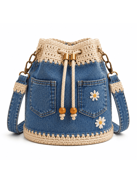 Denim Crochet Bucket Bag, Drawstring Crossbody Purse with Adjustable Strap.Blue