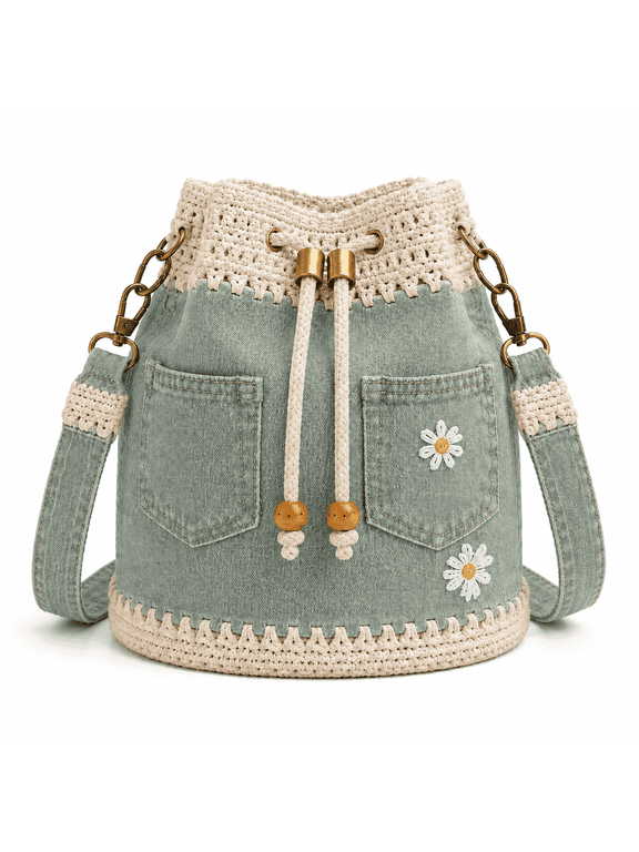 Denim Crochet Bucket Bag, Drawstring Crossbody Purse for Women with Adjustable Strap and Floral Embroidery.Green,1pc
