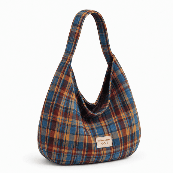Lonmuju Plaid Purse for Women, Retro Canvas Plaid Bag, Crescent Shoulder Bag, Hobo Crossbody Handbag, Blue,1Pc