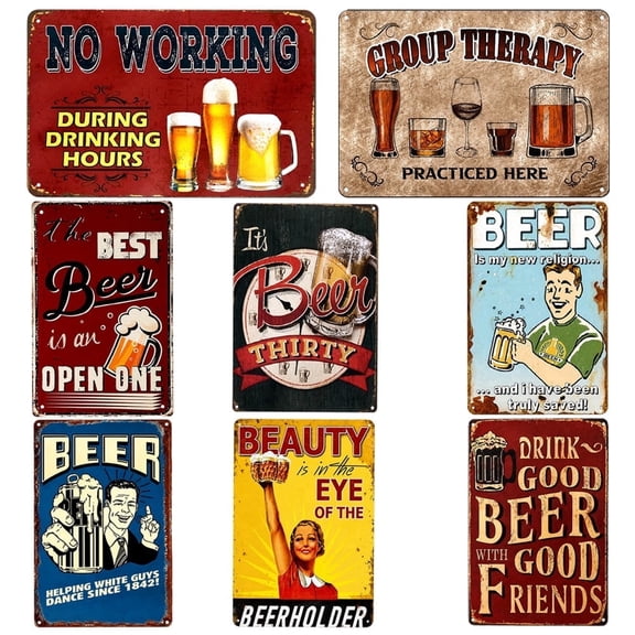 Lonmuju Retro Beer Tin Sign Set, Vintage Metal Wall Decor for Man Cave, Home Bar, Pub, Garage and Kitchen, 8Pcs ,8 X 12 In