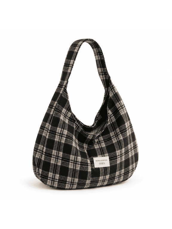Plaid Purse for Women, Retro Canvas Plaid Bag, Crescent Shoulder Bag, Hobo Crossbody Handbag, Black,1Pc