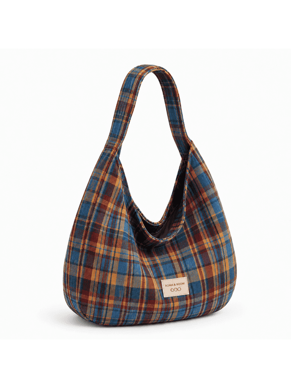 Plaid Purse for Women, Retro Canvas Plaid Bag, Crescent Shoulder Bag, Hobo Crossbody Handbag, Blue,1Pc