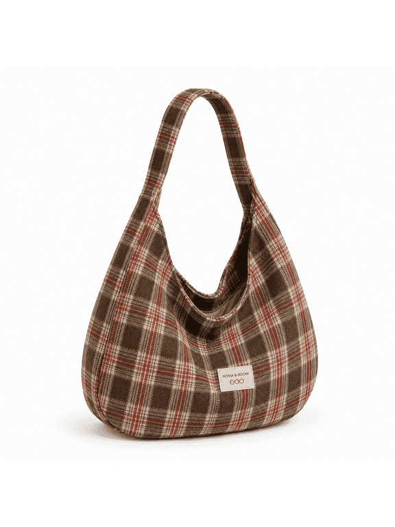 Plaid Purse for Women, Retro Canvas Plaid Bag, Crescent Shoulder Bag, Hobo Crossbody Handbag, Brown,1Pc