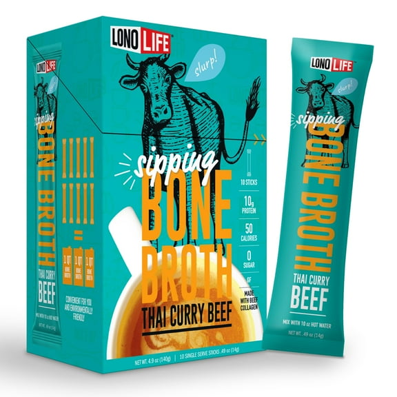 LonoLife Thai Curry Beef Bone Broth Powder Mix | Grass-Fed, 10g Protein | Collagen-Rich, Keto & Paleo Friendly | Natural Ingredients | 10 Portable Stick Pack Servings