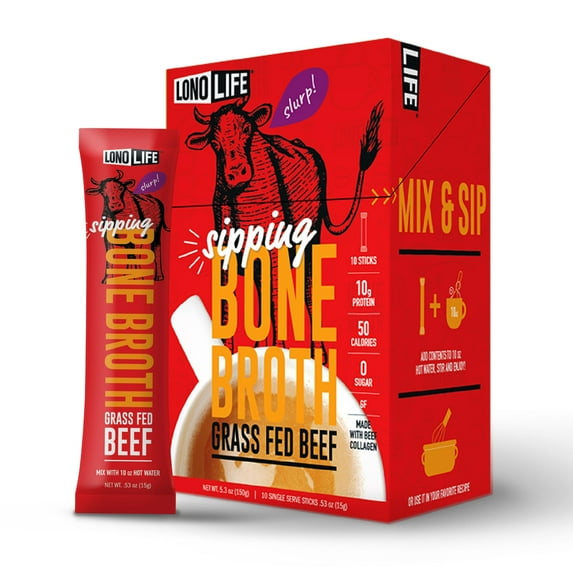 LonoLife Beef Bone Broth Powder Mix | Grass-Fed, 10g Protein | Collagen-Rich, Keto & Paleo Friendly | Natural Ingredients | 10 Portable Stick Pack Servings