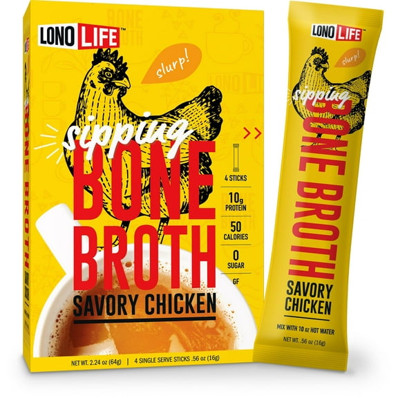 LonoLife Chicken Bone Broth Powder Mix | 10g Protein | Collagen-Rich, Keto & Paleo Friendly | Natural Ingredients | 4 Portable Stick Pack Servings
