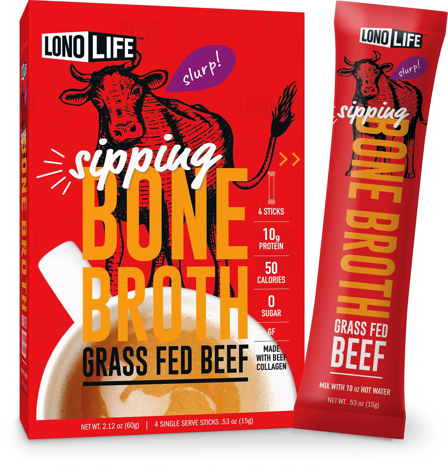 LonoLife Beef Bone Broth Powder Mix | Grass-Fed, 10g Protein | Collagen-Rich, Keto & Paleo Friendly | Natural Ingredients | 24 Portable Stick Pack Servings