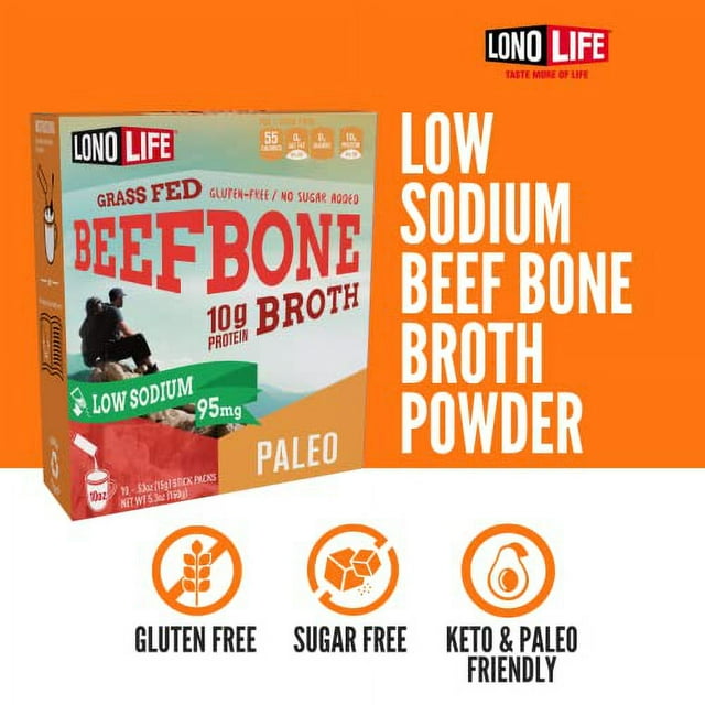 LonoLife Low Sodium Beef Bone Broth Powder Mix GrassFed, 10g Protein CollagenRich, Keto