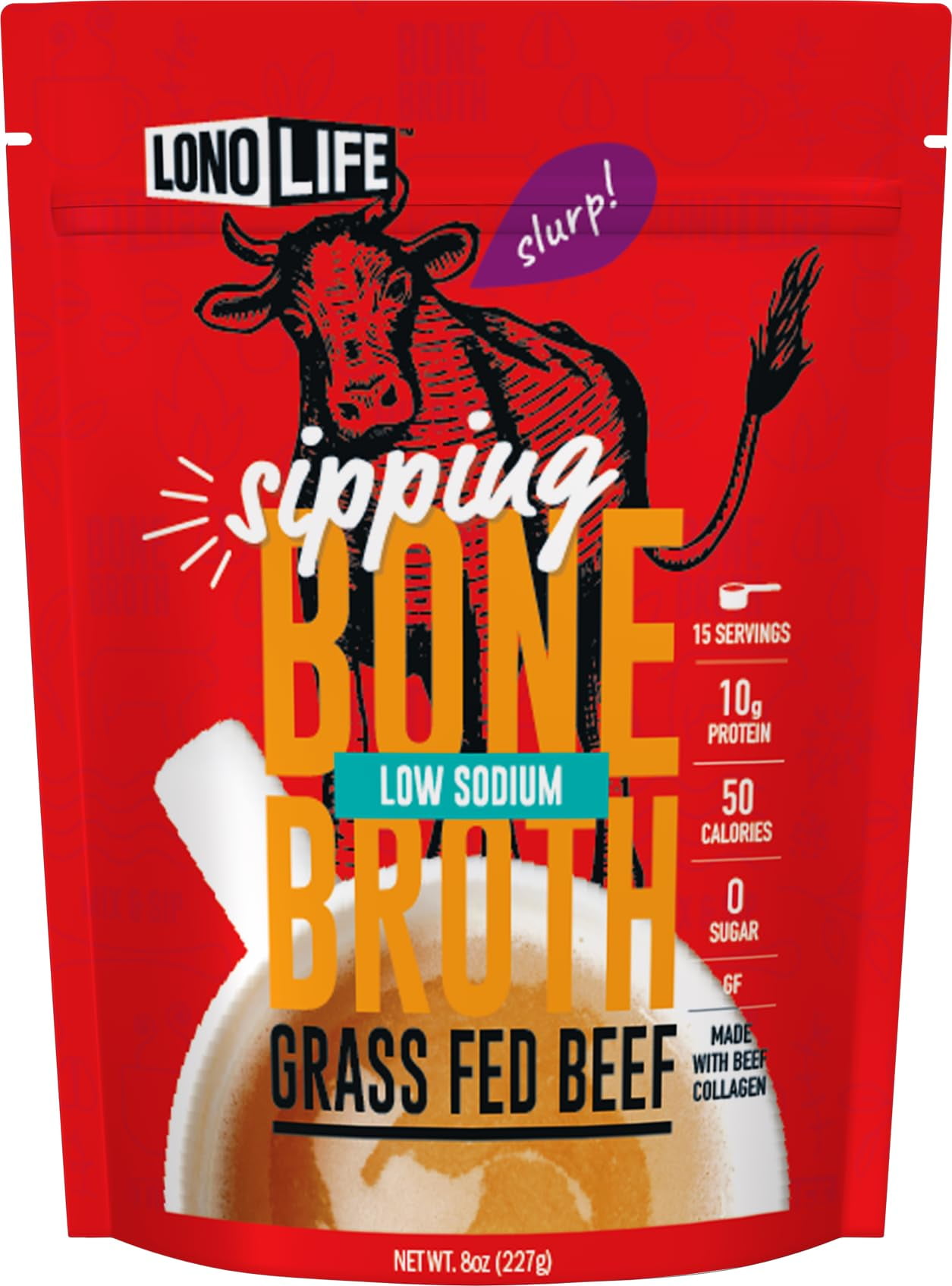 LonoLife Low Sodium Beef Bone Broth Powder Mix | Grass-Fed, 10g Protein | Collagen-Rich, Keto & Paleo Friendly | Natural Ingredients | 8oz Bulk Pouch (15 Servings)