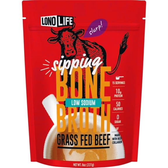 LonoLife Low Sodium Beef Bone Broth Powder Mix | Grass-Fed, 10g Protein | Collagen-Rich, Keto & Paleo Friendly | Natural Ingredients | 8oz Bulk Pouch (15 Servings)