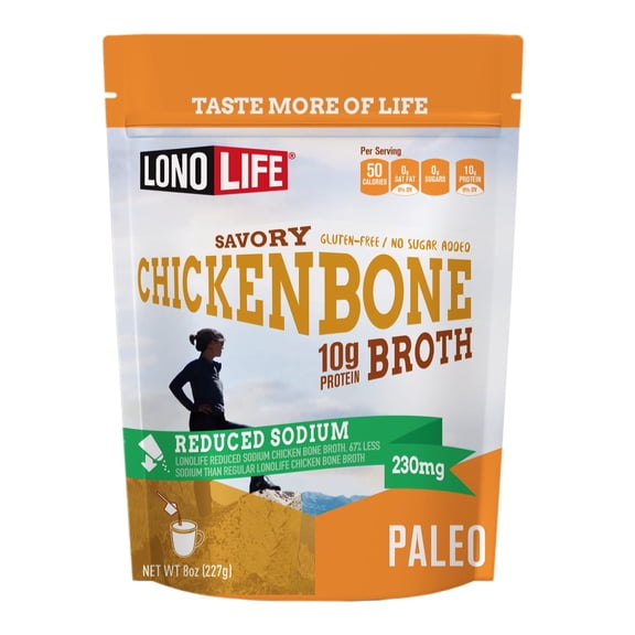 LonoLife Low Sodium Chicken Bone Broth Powder Mix | 10g Protein | Collagen-Rich, Keto & Paleo Friendly | Natural Ingredients | 8oz Bulk Pouch (15 Servings)