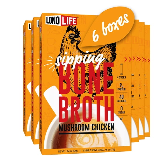 LonoLife Mushroom Chicken Bone Broth Powder Mix | 10g Protein | Collagen-Rich, Keto & Paleo Friendly | Natural Ingredients | 24 Portable Stick Pack Servings