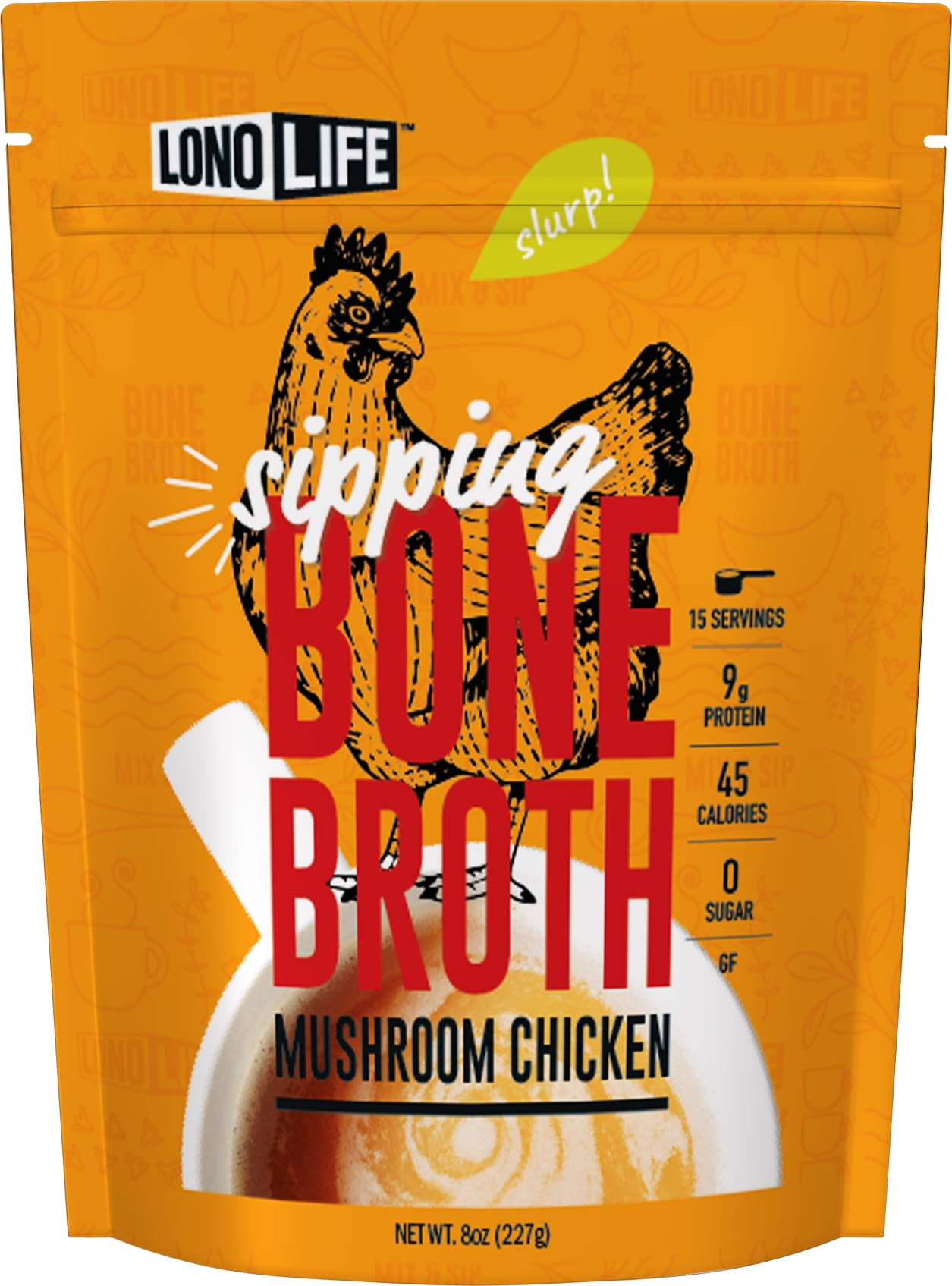 LonoLife Mushroom Chicken Bone Broth Powder Mix | 10g Protein | Collagen-Rich, Keto & Paleo Friendly | Natural Ingredients | 8oz Bulk Pouch (15 Servings)