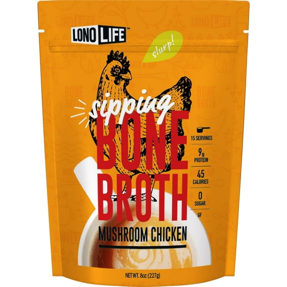 LonoLife Mushroom Chicken Bone Broth Powder Mix | 10g Protein | Collagen-Rich, Keto & Paleo Friendly | Natural Ingredients | 8oz Bulk Pouch (15 Servings)