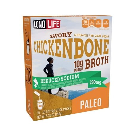 LonoLife Low Sodium Chicken Bone Broth Powder Mix | 10g Protein | Collagen-Rich, Keto & Paleo Friendly | Natural Ingredients | 10 Portable Stick Pack Servings