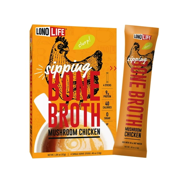 LonoLife Mushroom Chicken Bone Broth Powder Mix | 10g Protein | Collagen-Rich, Keto & Paleo Friendly | Natural Ingredients | 4 Portable Stick Pack Servings