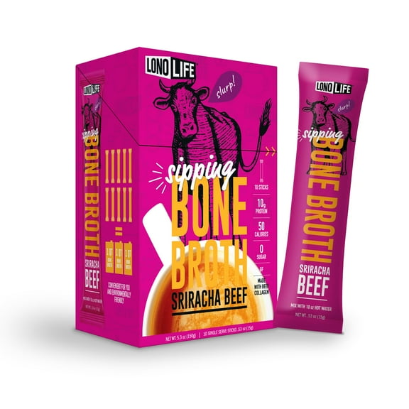 LonoLife Sriracha Beef Bone Broth Powder Mix | Grass-Fed, 10g Protein | Collagen-Rich, Keto & Paleo Friendly | Natural Ingredients | 10 Portable Stick Pack Servings