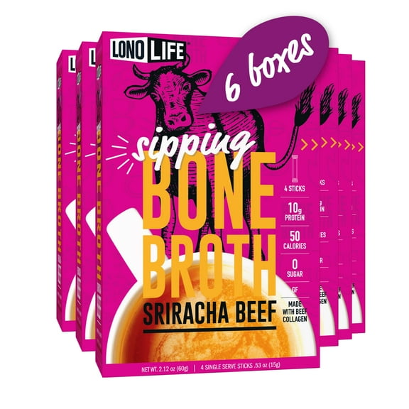 LonoLife Sriracha Beef Bone Broth Powder Mix | Grass-Fed, 10g Protein | Collagen-Rich, Keto & Paleo Friendly | Natural Ingredients | 24 Portable Stick Pack Servings