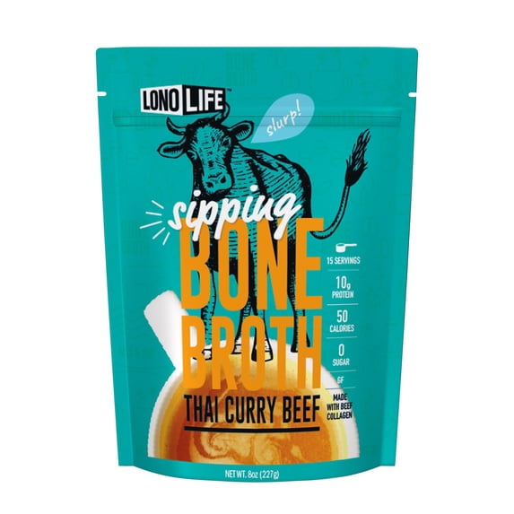 LonoLife Thai Curry Beef Bone Broth Powder Mix | Grass-Fed, 10g Protein | Collagen-Rich, Keto & Paleo Friendly | Natural Ingredients | 8oz Bulk Pouch (15 Servings)