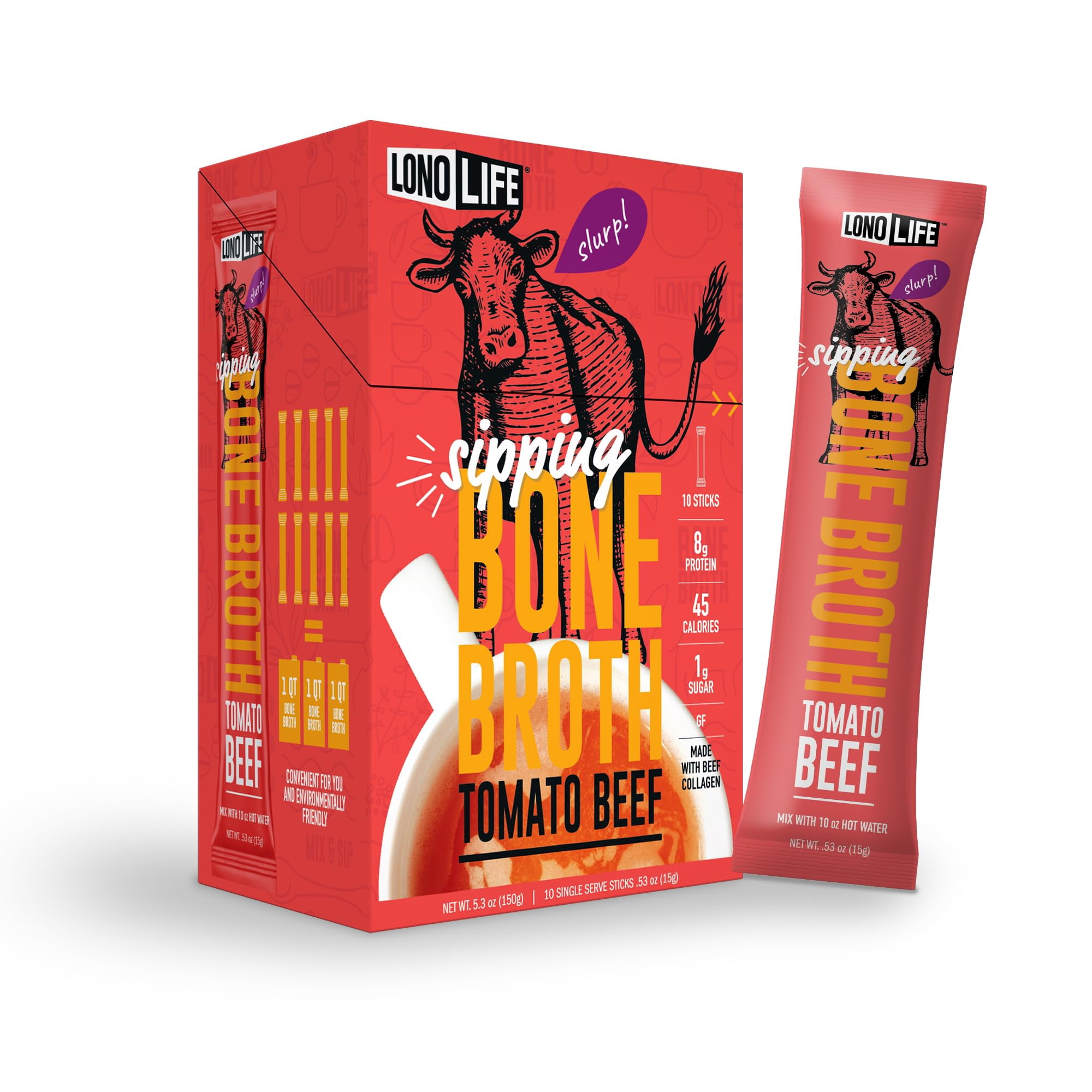LonoLife Tomato Beef Bone Broth Powder Mix | Grass-Fed, 10g Protein | Collagen-Rich, Keto & Paleo Friendly | Natural Ingredients | 10 Portable Stick Pack Servings
