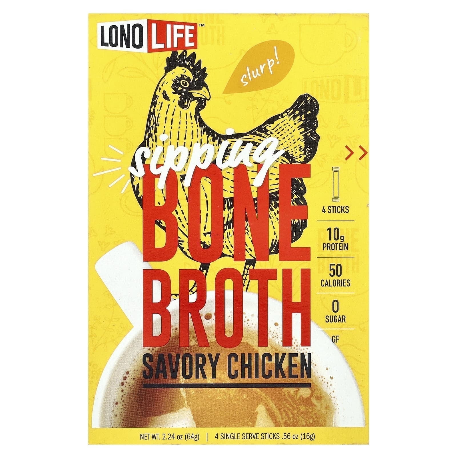 Lonolife, Broth, Chicken Bone, Paleo, 4 Stick Packs, .56 oz Pack of 2