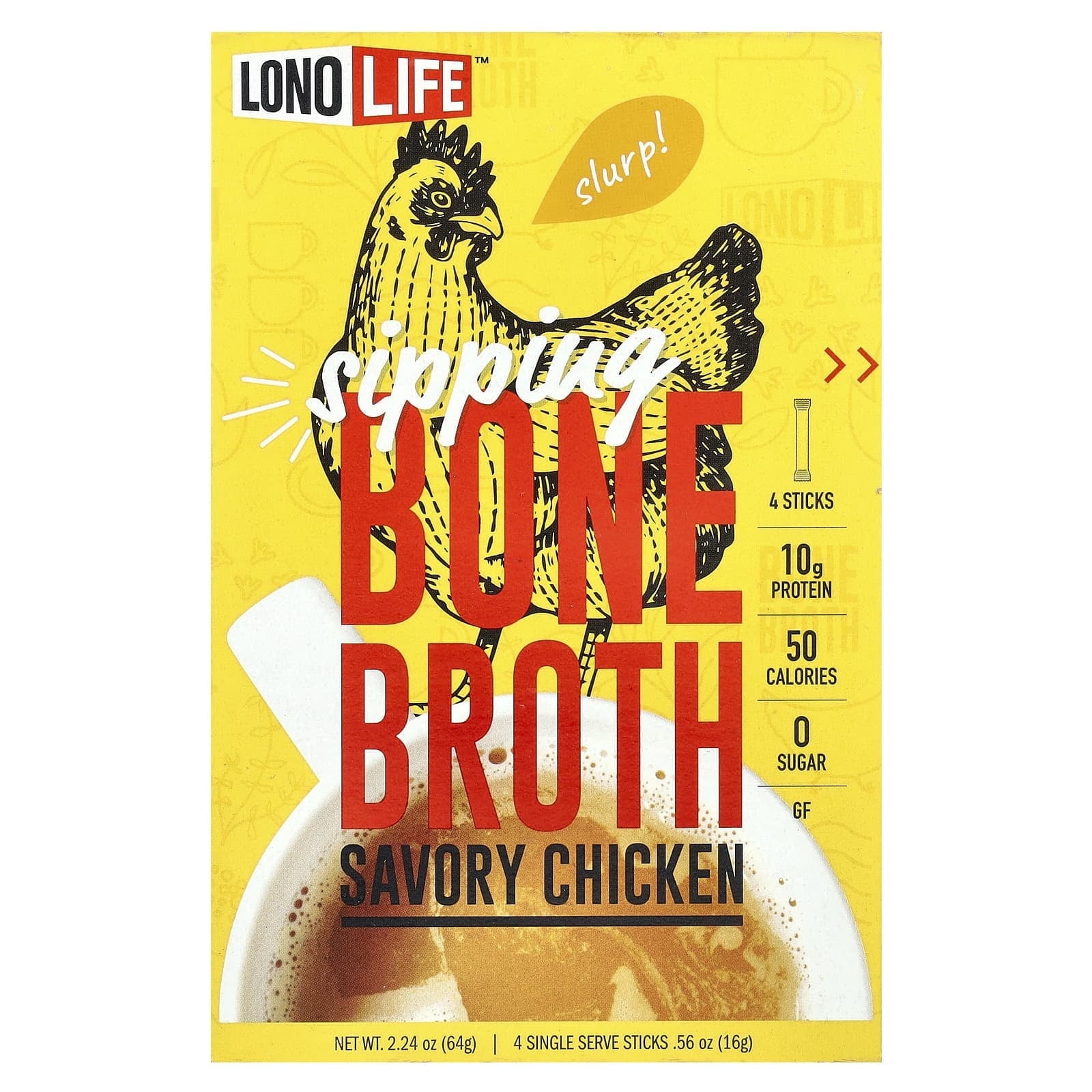 Lonolife, Broth, Chicken Bone, Paleo, 4 Stick Packs, .56 oz Pack of 3