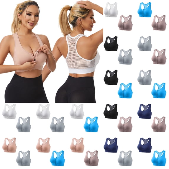 Lonomox 2PC Womens High Support Sports Bras Front Zipper Mesh Breathable Yoga Workout Bras Gym Running Crop Tank