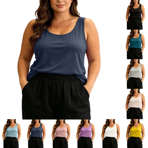 Lonomox Women's Plus Size Crew Neck Sleeveless Tank Tops Casual Loose Fit Layering Basic Pullover Tops Solid Color Fashion Comfy Shirts