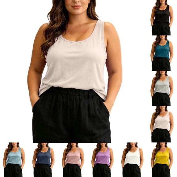 Lonomox Women's Plus Size Crew Neck Sleeveless Tank Tops Casual Loose Fit Layering Basic Pullover Tops Solid Color Fashion Comfy Shirts