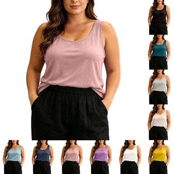 Lonomox Women's Plus Size Crew Neck Sleeveless Tank Tops Casual Loose Fit Layering Basic Pullover Tops Solid Color Fashion Comfy Shirts