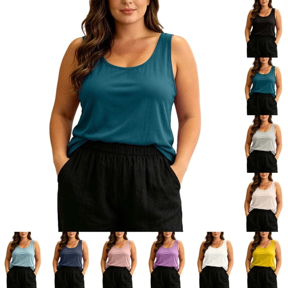 Lonomox Women's Plus Size Crew Neck Sleeveless Tank Tops Casual Loose Fit Layering Basic Pullover Tops Solid Color Fashion Comfy Shirts